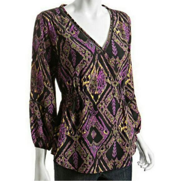 {Shoshanna} Midnight Ikat Print Silk V-Neck Blouse - Picture 6 of 7